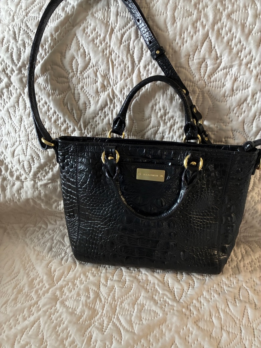 Brahmin Black Croc-Embossed Satchel with Gold Hardware